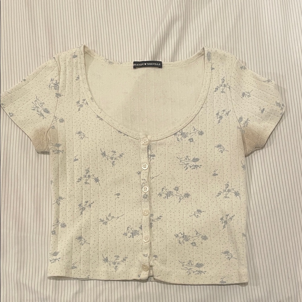 Brandy Melville Cream and Blue Floral Button-Down Shirt